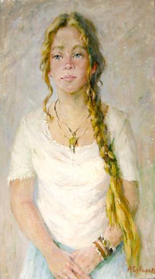 Суворова А.П. «Девушка с косой», портрет,1998, картон, масло, 90x50cm  ОТКРЫТКА: <21kb>