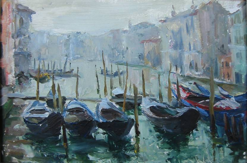 Суворова А.П. «Венеция. Дождь», пейзаж,1964, картон, масло, 19,7x29,5cm  ОТКРЫТКА: <65kb>