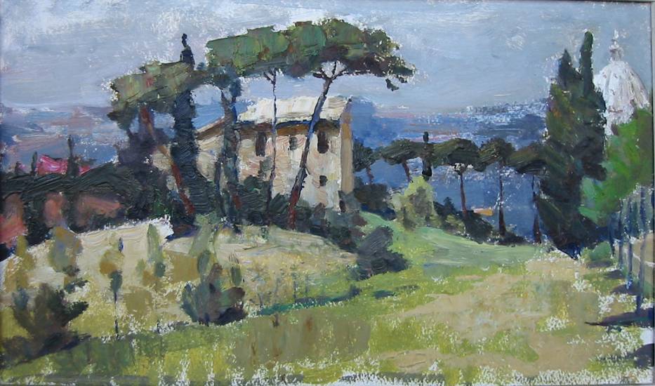 Суворова А.П. «Рим. Вилла Абамелика», пейзаж,1969, картон, масло, 23x39,5cm  ОТКРЫТКА: <83kb>