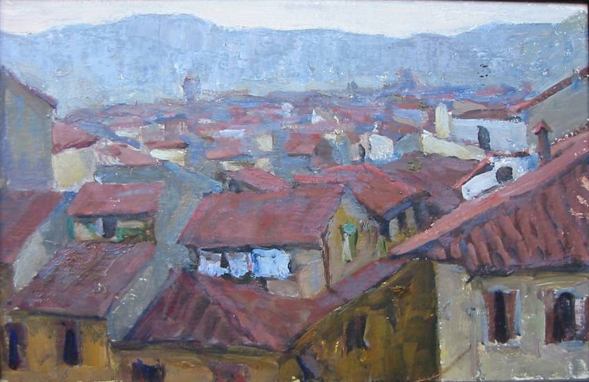 Суворова А.П. «Флоренция. Крыши», пейзаж,1975, картон, масло, 24x37cm  ОТКРЫТКА: <63kb>