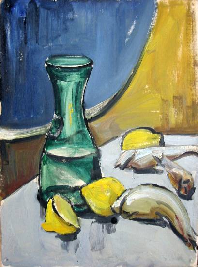 Суворова А.П. «Зеленая бутылка, лимон и вобла», натюрморт,1965, картон, масло, 40x29,5cm  ОТКРЫТКА: <36kb>