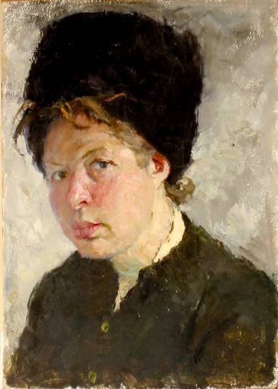 Суворова А.П. «Автопортрет», портрет,1960, картон, масло, 49,5x35cm  ОТКРЫТКА: <30kb>