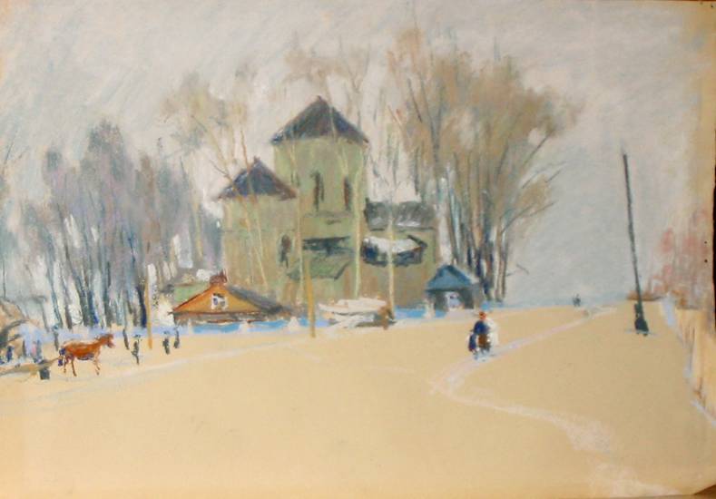 Суворова А.П. «Церковь в Троицком», пейзаж,1957, бумага, пастель, 23x33cm  ОТКРЫТКА: <35kb>
