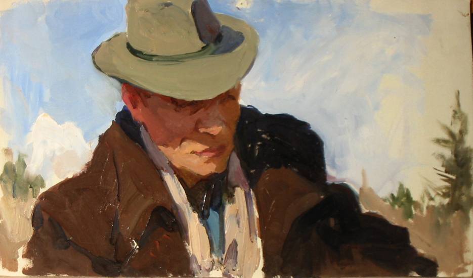 Суворова А.П. «Ефанов В.П. На этюдах. Кисловодск», портрет,1957, картон, масло, 20x34cm  ОТКРЫТКА: <44kb>