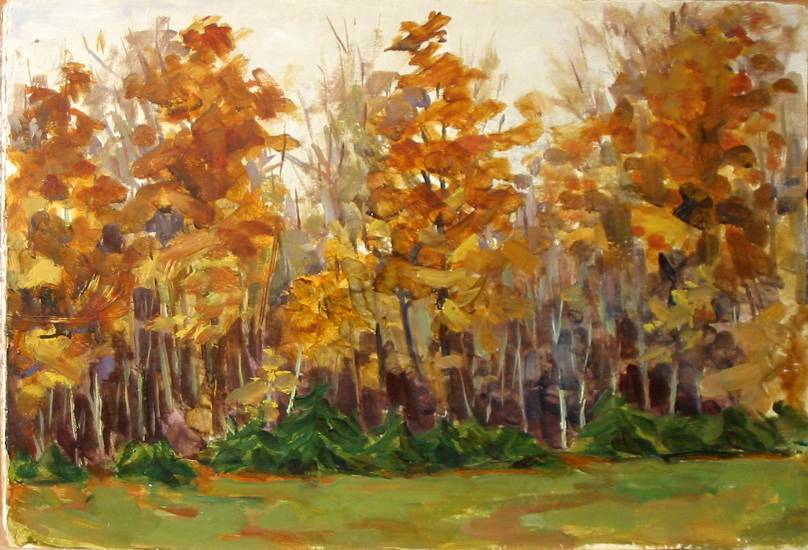 Суворова А.П. «Дубки. Осень», пейзаж,1957, картон, масло, 25,2x35cm  ОТКРЫТКА: <71kb>