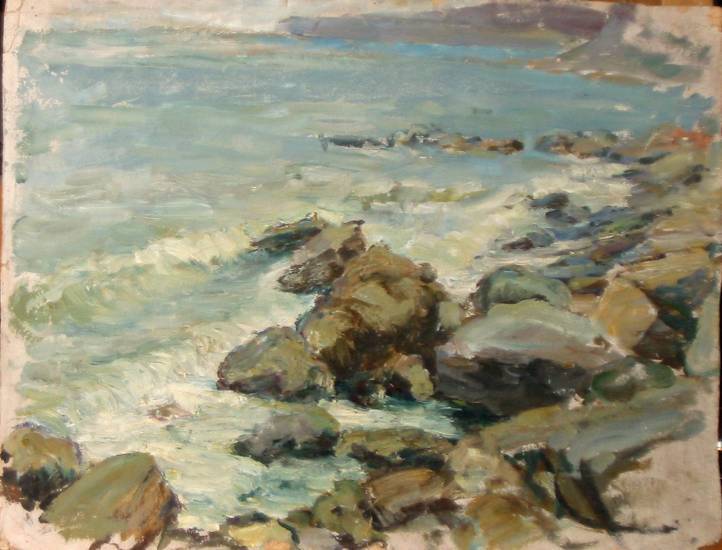 Суворова А.П. «Море в Козах», пейзаж,1946, картон, масло, 40x52,5cm  ОТКРЫТКА: <51kb>