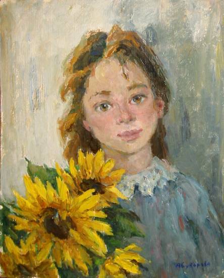 Суворова А.П. «Девочка с подсолнухами», портрет,1997, картон, масло, 50x40cm  ОТКРЫТКА: <37kb>