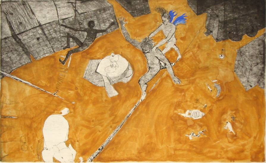 Суворова Н.Д. «Цирк 3», жанр,2002, бумага, офорт, акватинта, гуашь, 21,5x35cm Экспонировалась на 26-ой выставке молодых художников Москвы ОТКРЫТКА: <68kb>