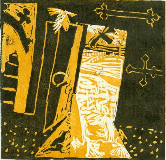 Суворова Н.Д. «Феррапонтово 1», пейзаж,2002, бумага, линогравюра, 15x15cm  ОТКРЫТКА: <73kb>