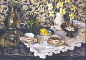 Суворова А.П. «Чай», натюрморт,1983, холст, масло, 50x70cm  Галерея СДМ банка ОТКРЫТКА: <66kb>